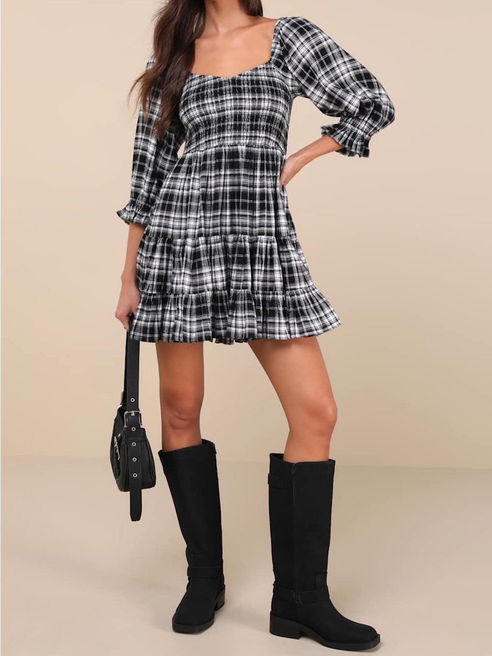 Lulus No One Cuter Black and Ivory Plaid Puff Sleeve Tiered Mini Dress